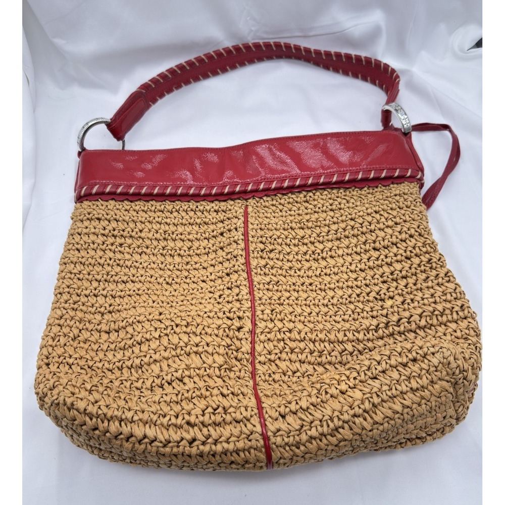 Brighton Straw Raffia Woven Shoulder Bag Purse Red Leather Trim Beach Boho Hobo - Picture 3 of 16